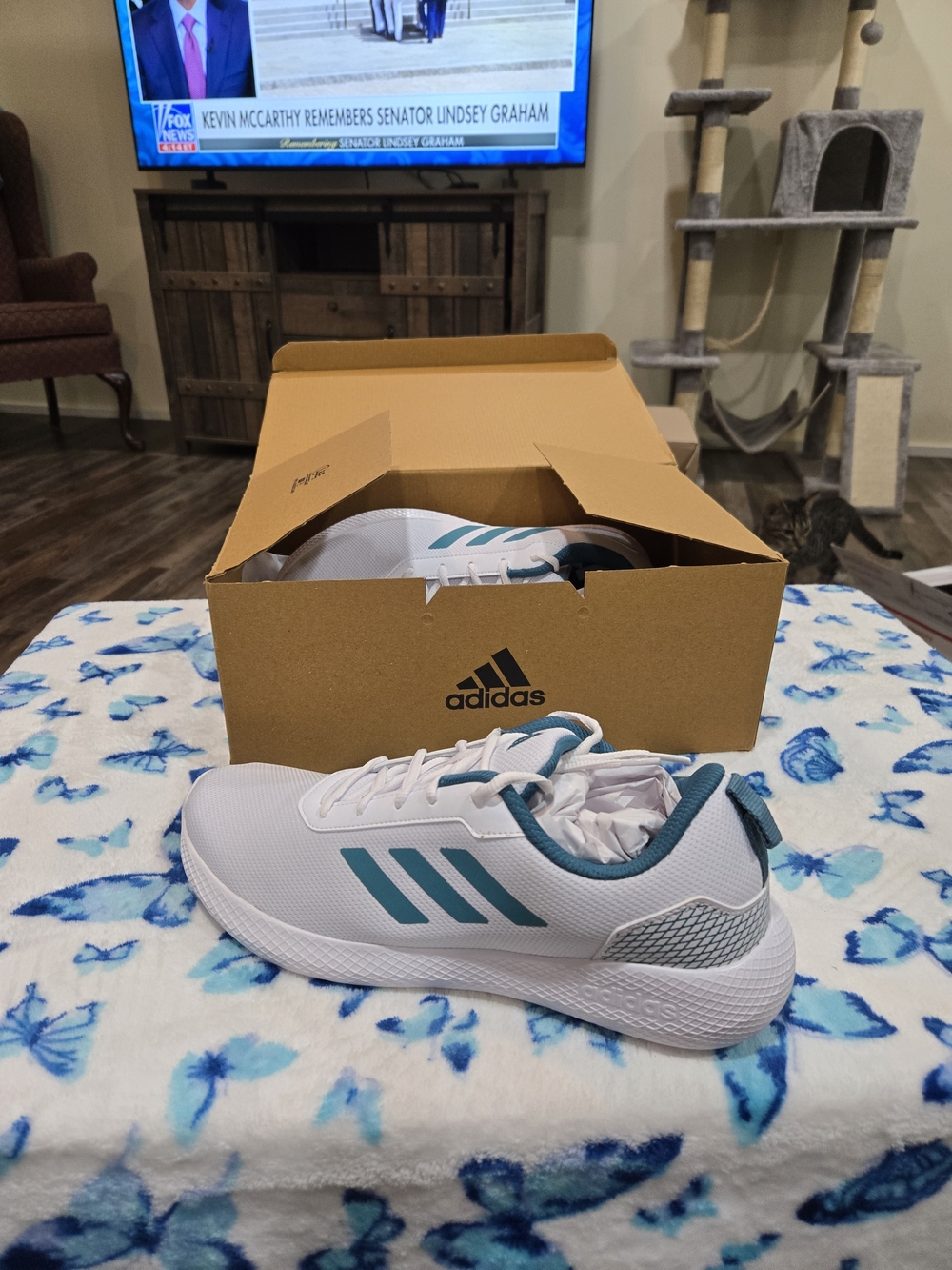 adidas White Sneakers with Teal Three-Stripes